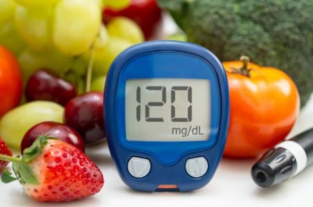 Glucose meter with vegetable and fruit for check sample blood sugar level to treatment diabetes